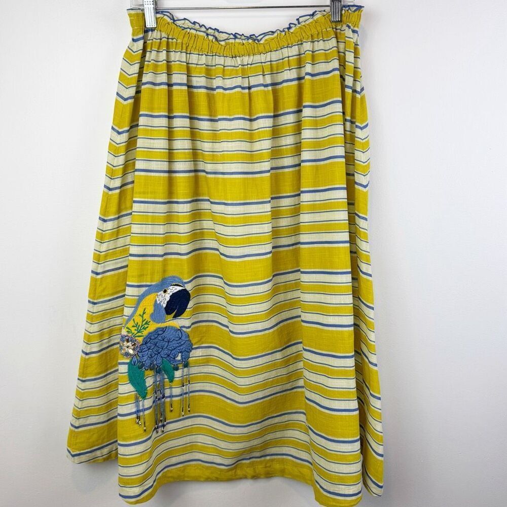 Celandine Sz L Copacabana Midi Skirt Rio Sunshine Stripe Parrot Anthropologie - Picture 2 of 7